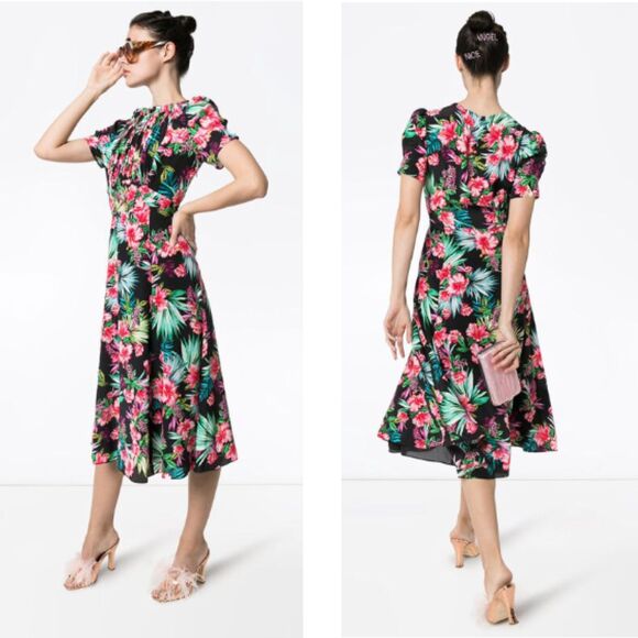 Les Reveries Hibiscus Midi Dress 2 Black Pink NEW - Picture 2 of 10